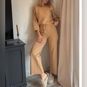 Ekouaer Ribbed Knit 2-Piece Lounge Set - Camel/Tan - Size Small